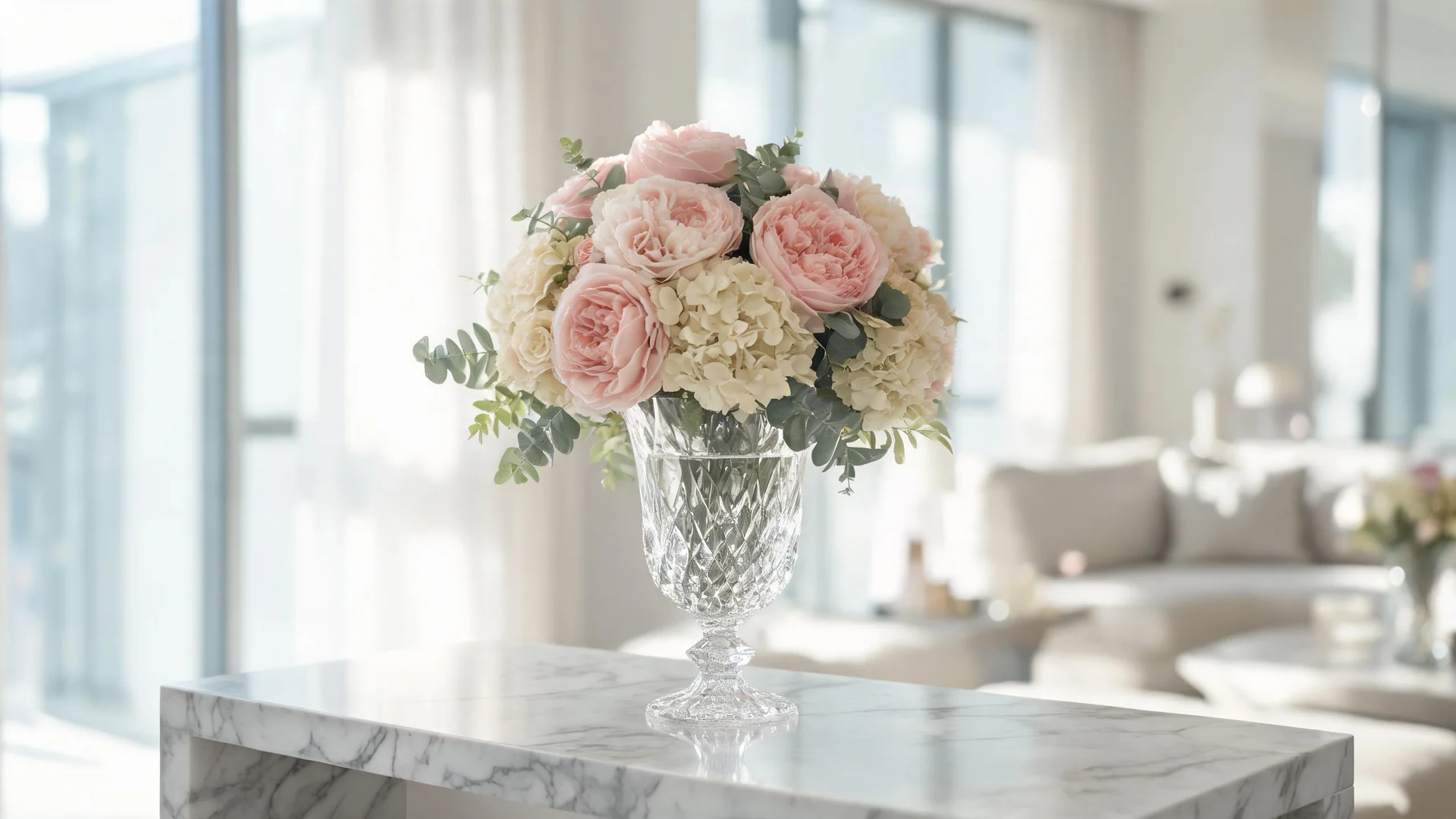 Premium silk flowers arrangement in a crystal vase for home decor