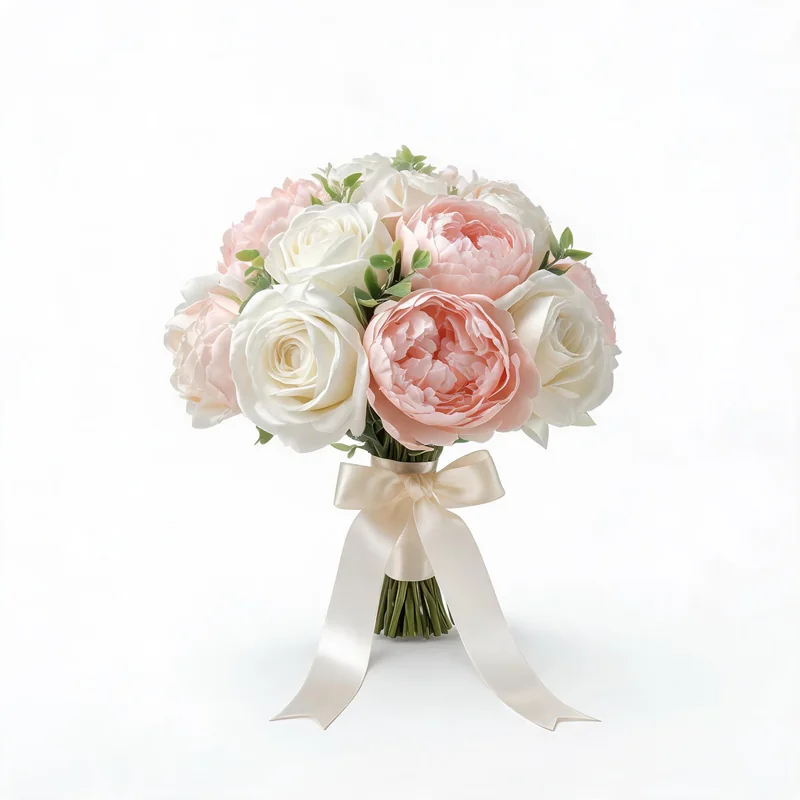 Silk wedding bouquet with white and blush pink roses and peonies