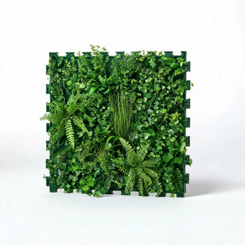 Modular artificial green wall panels with mixed foliage