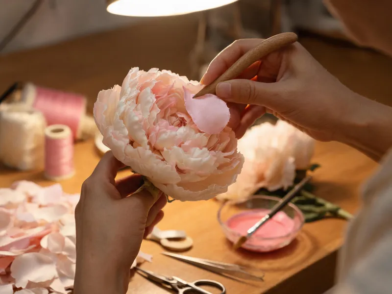 Artisan crafting silk flower petals by hand at Hiway factory