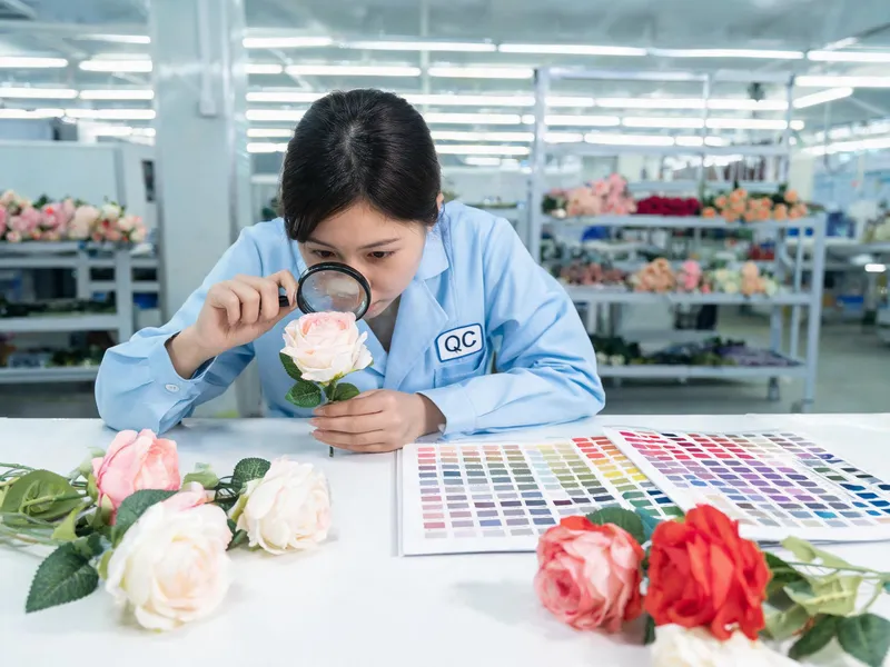 Quality control inspector examining artificial flowers at Hiway factory