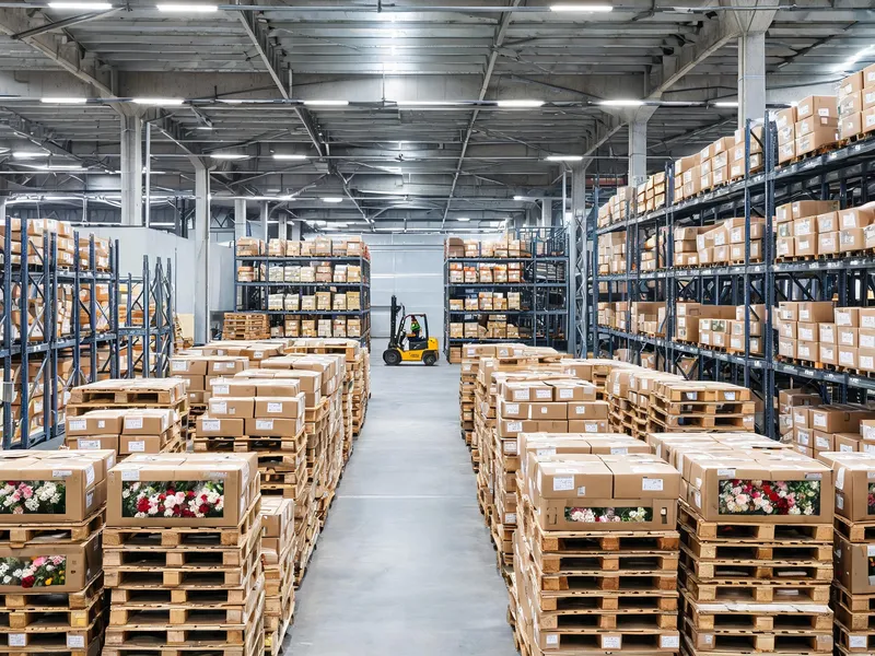 Hiway warehouse with boxed artificial flowers ready for export