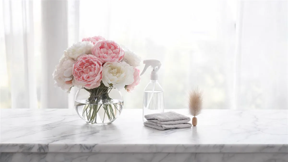Beautiful silk peony flowers with cleaning supplies on marble countertop