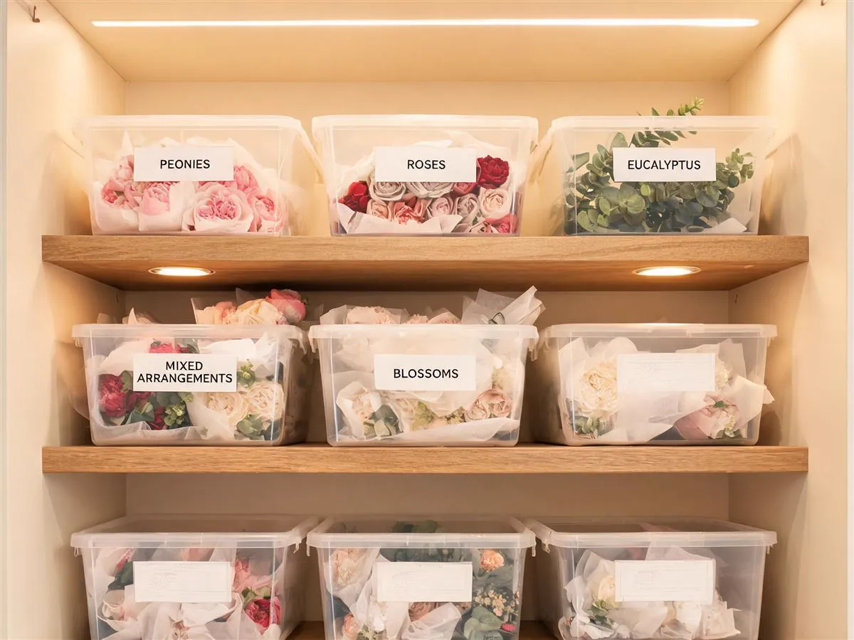 Organized storage closet with artificial flowers in labeled clear plastic bins