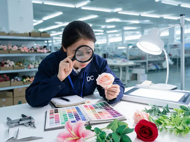 Quality inspector examining artificial flower samples at Hiway factory