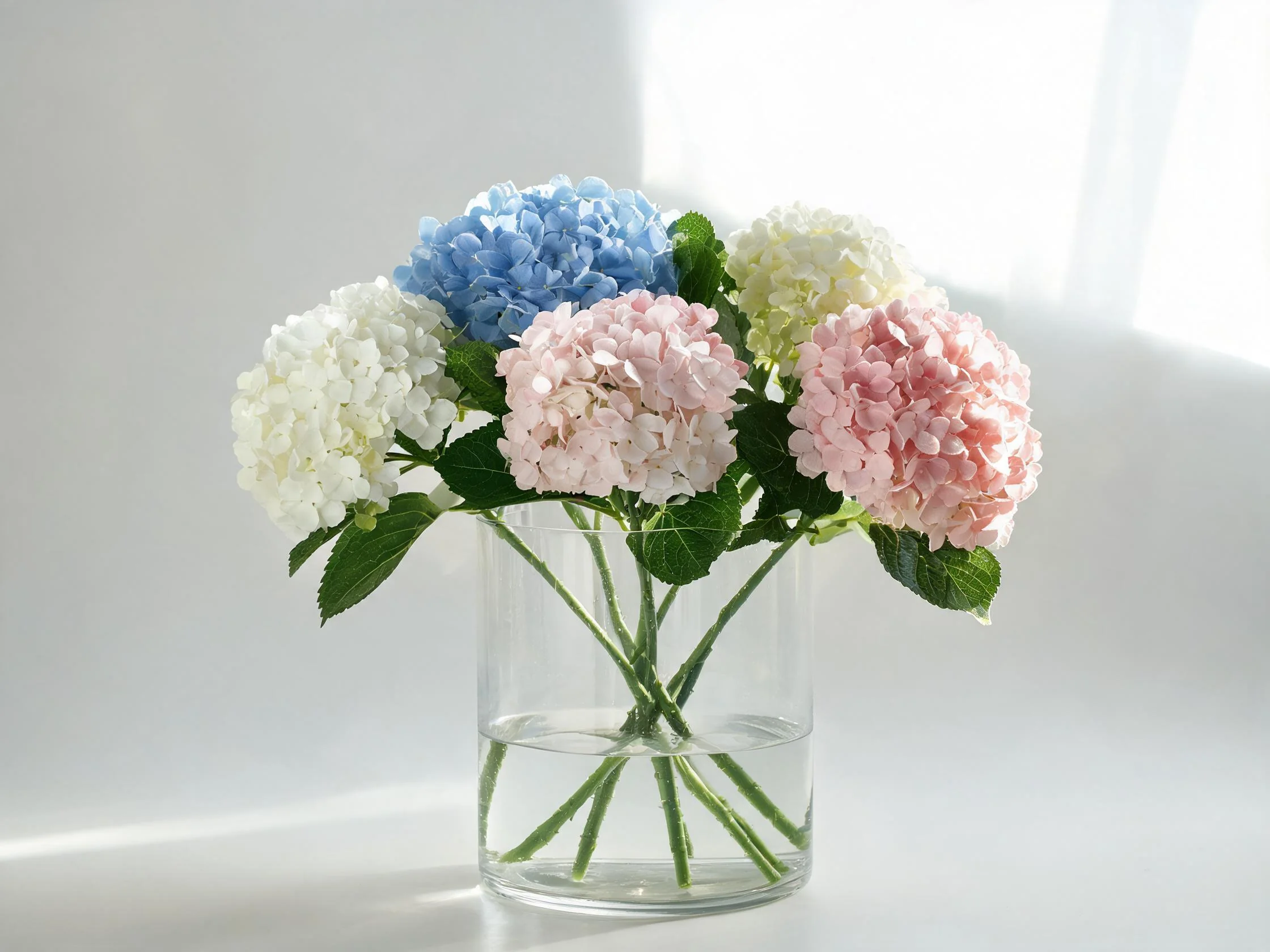 Silk hydrangea stems in glass vase