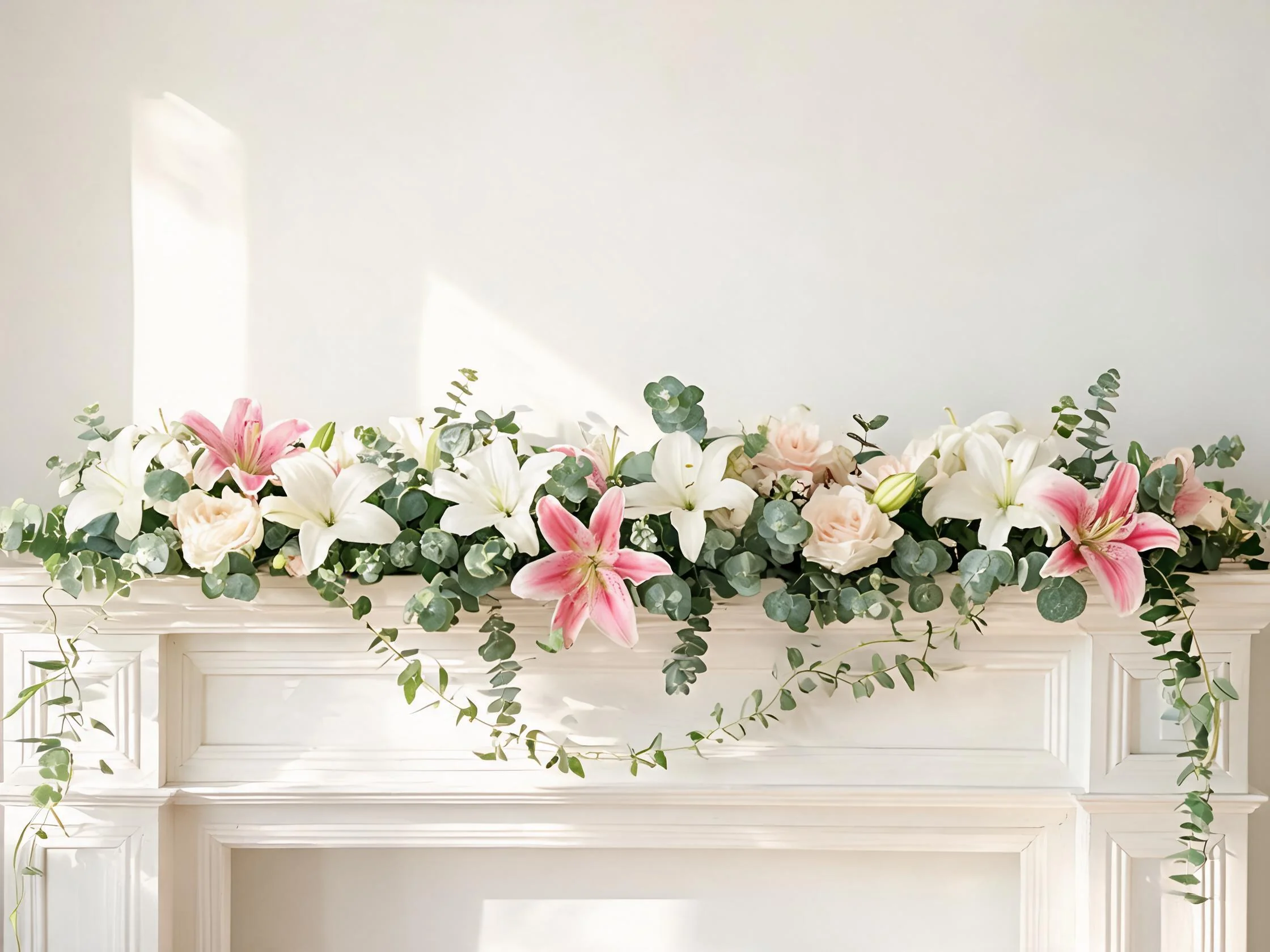 Artificial lily garland on mantelpiece