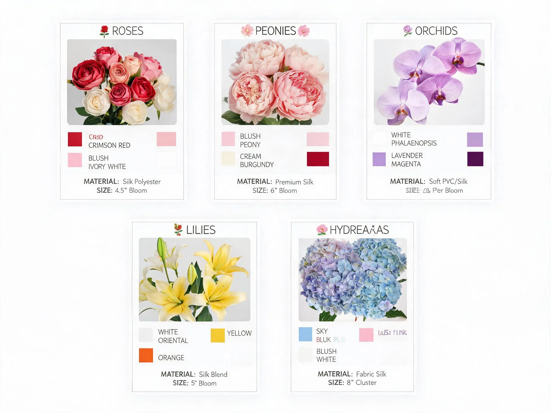 Artificial flower product catalog with samples and color swatches