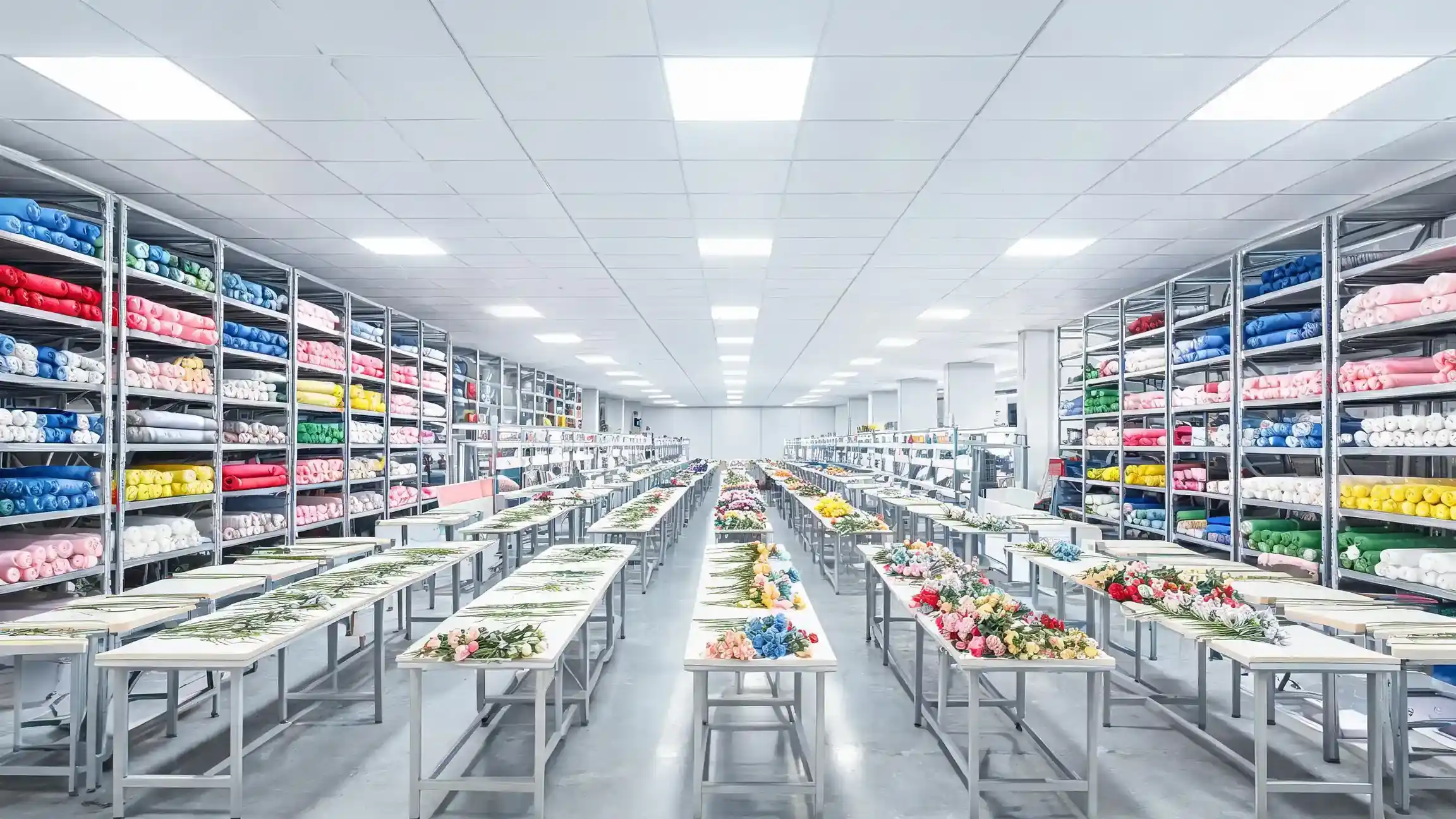 Artificial flower factory interior with production workstations