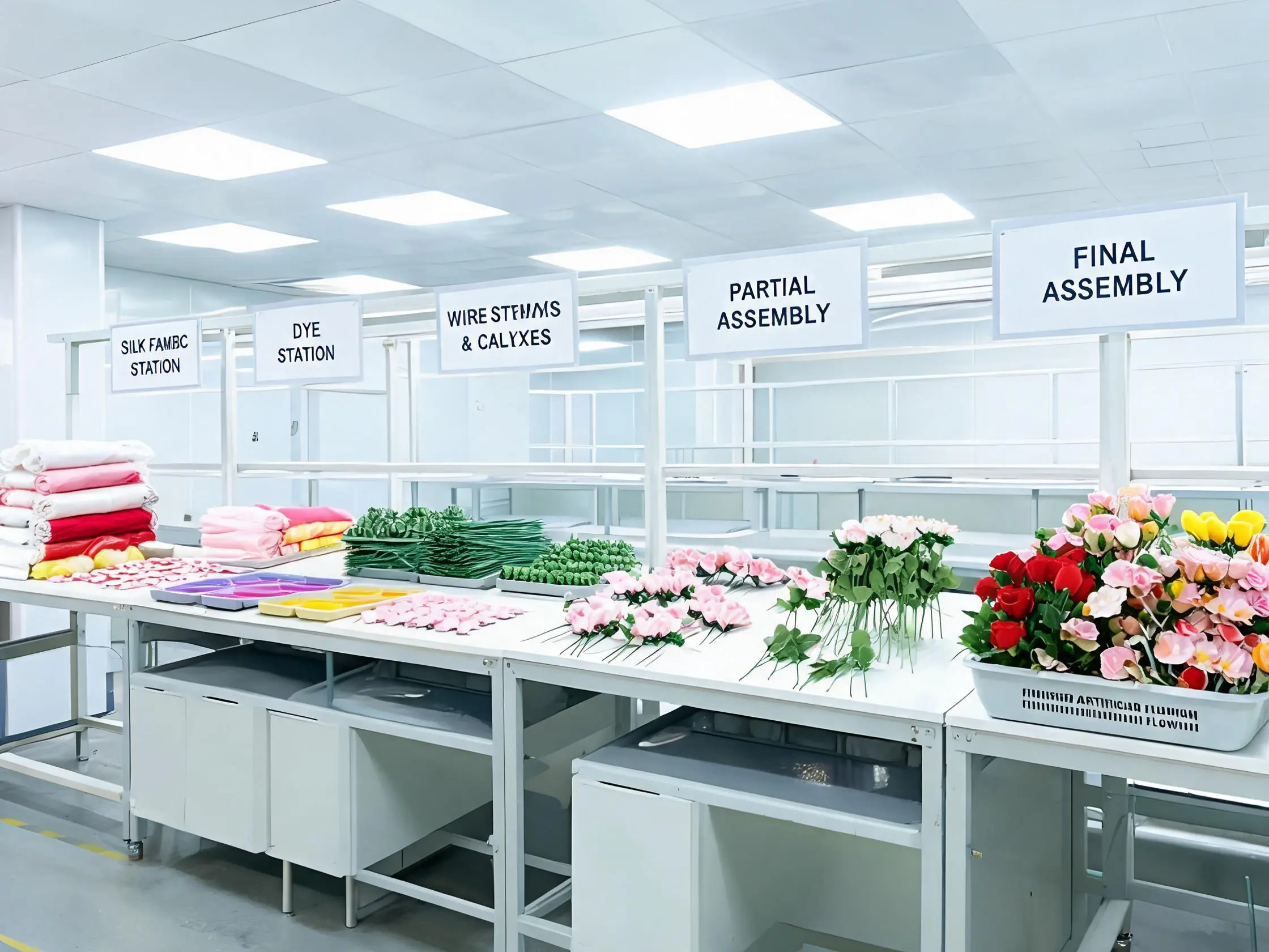 Artificial flower production line with materials and tools