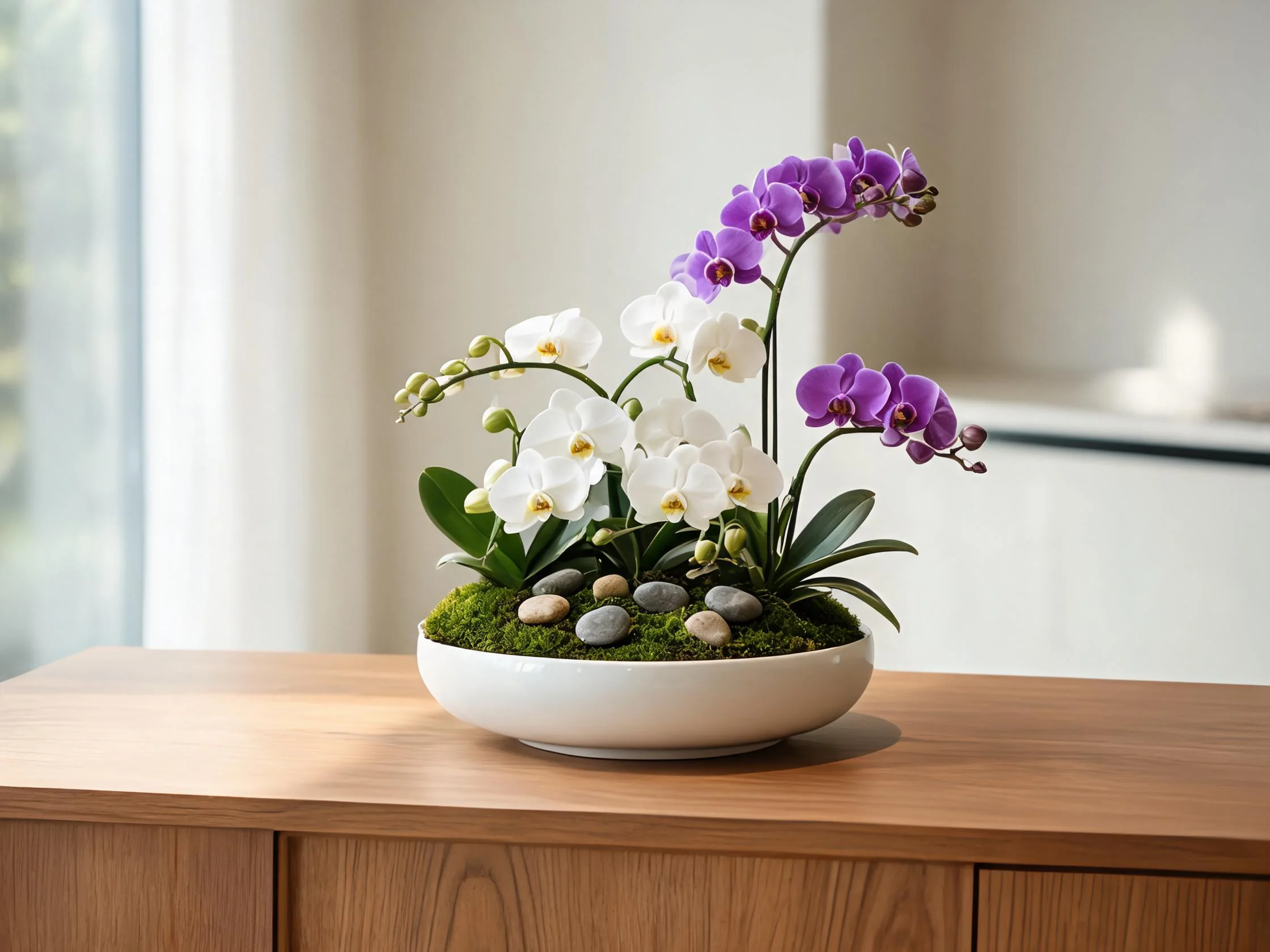 Artificial orchid arrangement in ceramic bowl