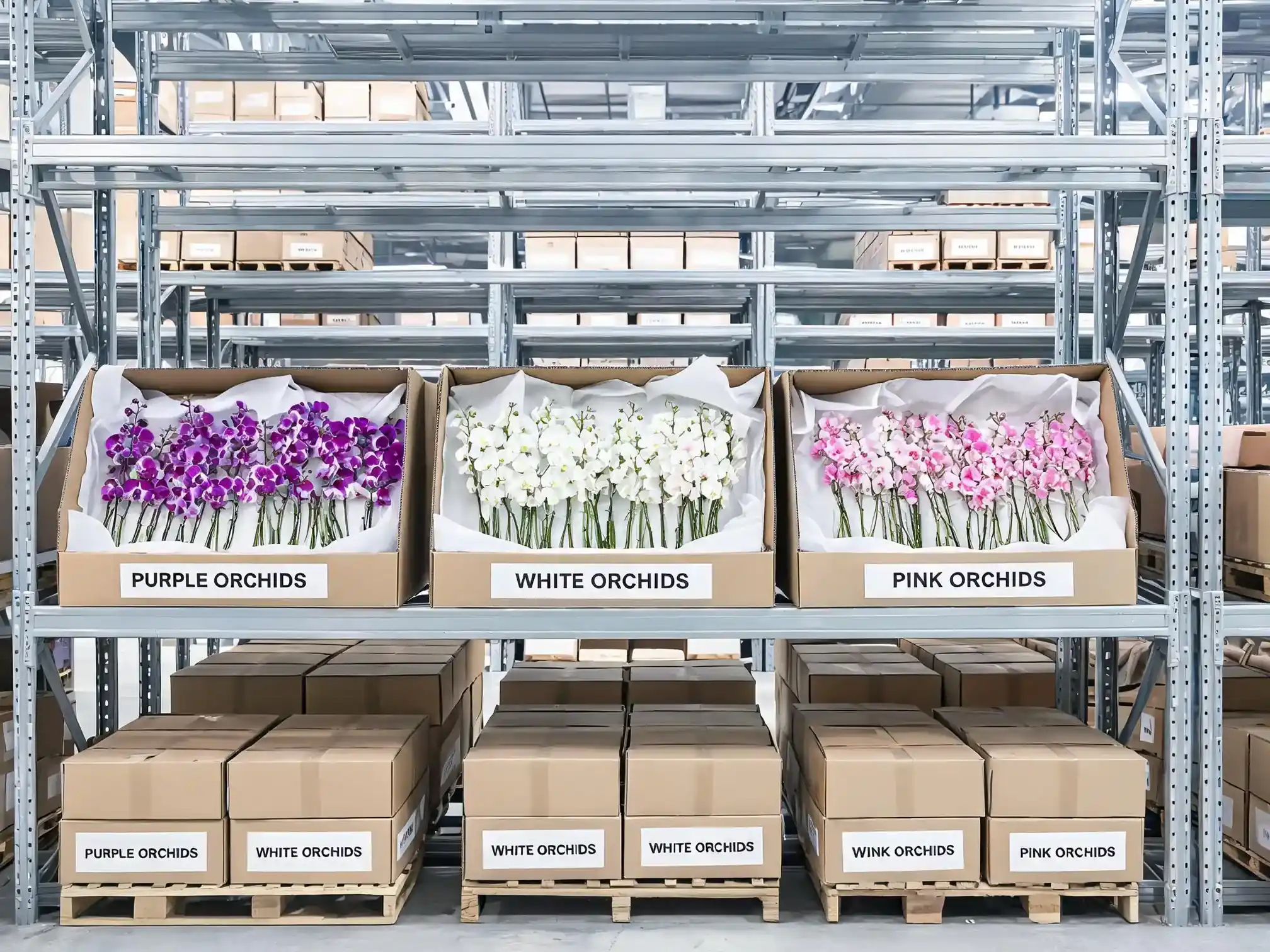 Wholesale artificial orchid boxes in warehouse