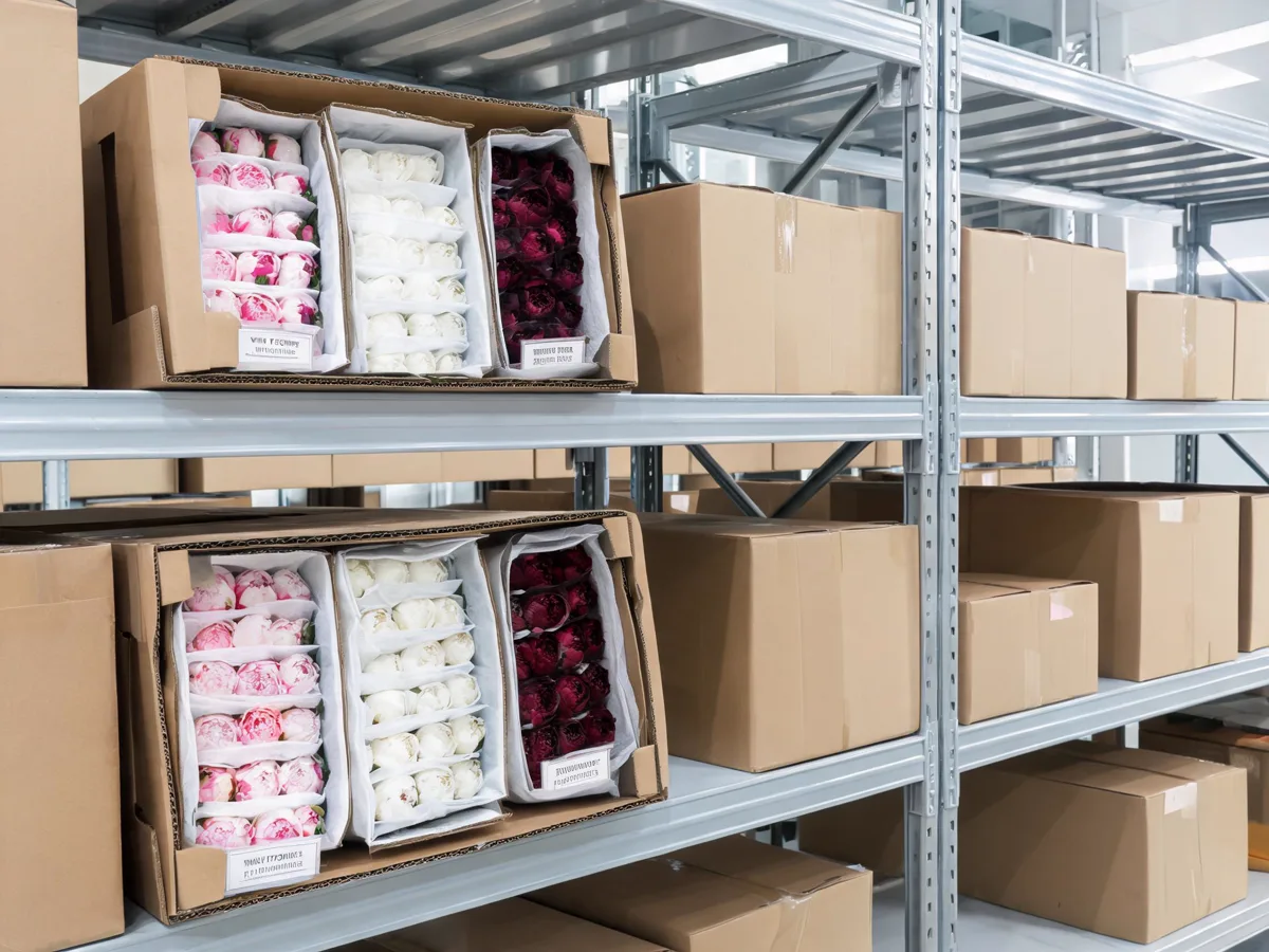 Wholesale peony stems in warehouse boxes