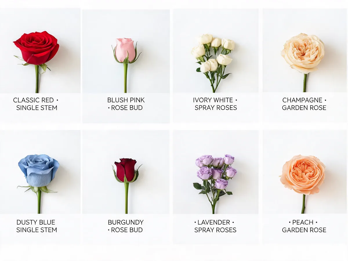 Silk rose varieties in multiple colors