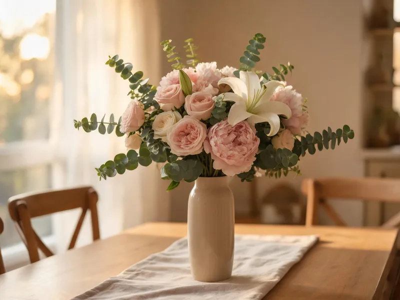 Artificial flower stems arranged in a ceramic vase as a centerpiece
